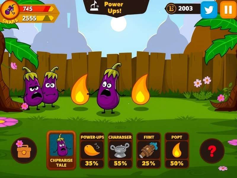 Baingan Bandits gameplay screenshot showing eggplant characters in Indian setting